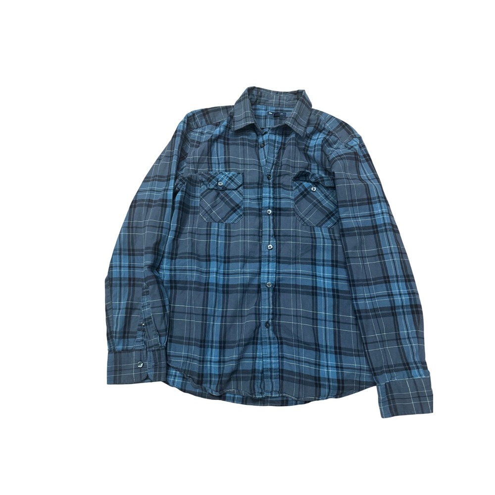 Gap Mens Blue Plaid Long Sleeve Button Down Shirt Size M Cotton Blend